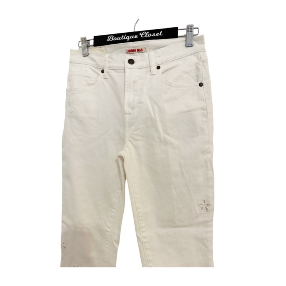 Johnny Was Pashmina White Eyelet Crop Baby Boot High Rise Hippie Jeans Sz 26 - Picture 5 of 11